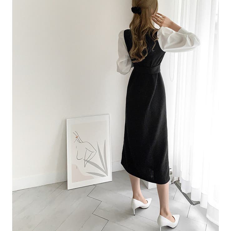 クルーネック長袖リボン付き配色ワンピース | Ulysses | 詳細画像3 