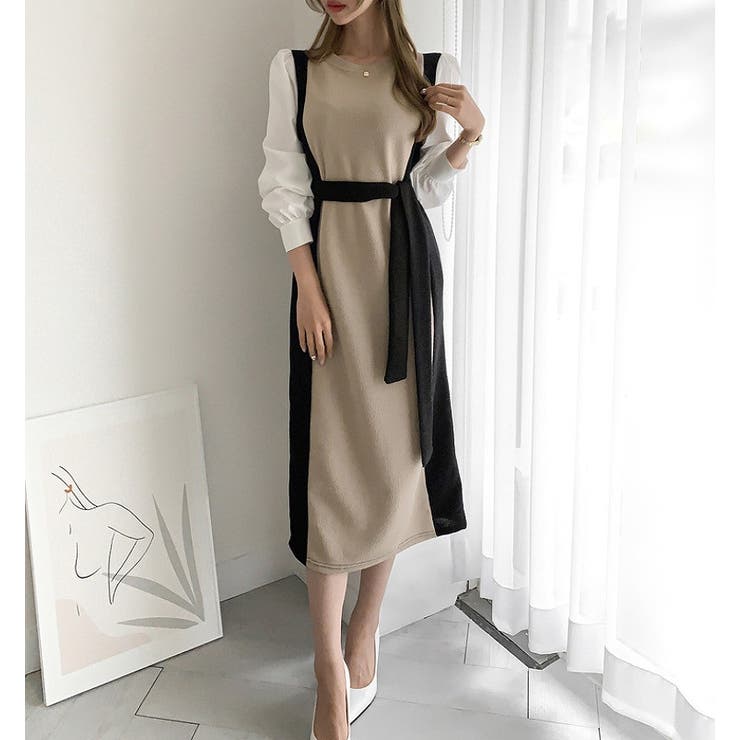 クルーネック長袖リボン付き配色ワンピース | Ulysses | 詳細画像4 