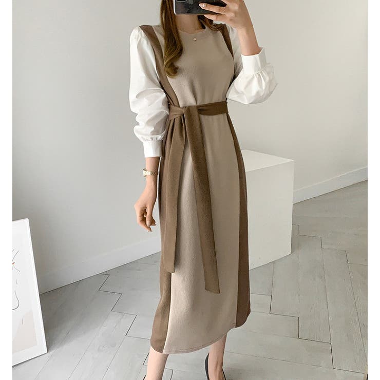 クルーネック長袖リボン付き配色ワンピース | Ulysses | 詳細画像5 