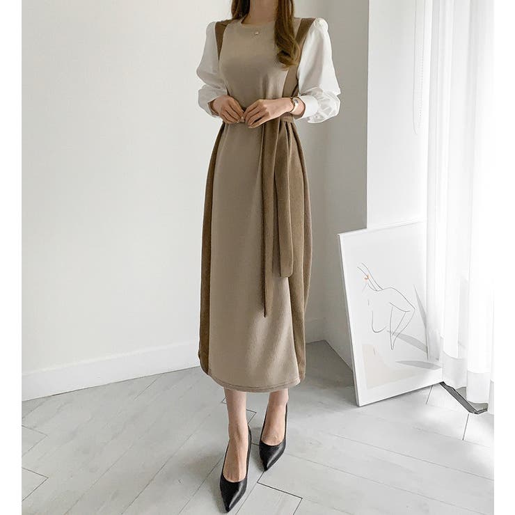 クルーネック長袖リボン付き配色ワンピース | Ulysses | 詳細画像6 