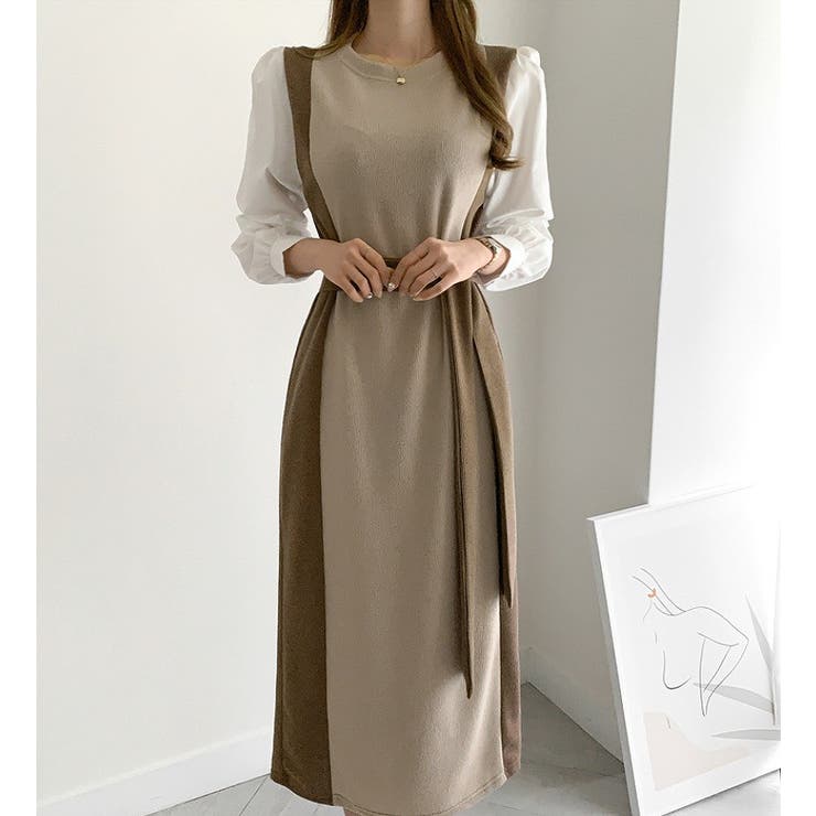 ブラウン×ベージュ | クルーネック長袖リボン付き配色ワンピース | Ulysses