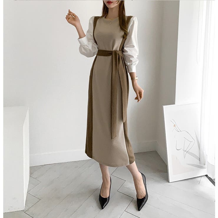 クルーネック長袖リボン付き配色ワンピース | Ulysses | 詳細画像8 