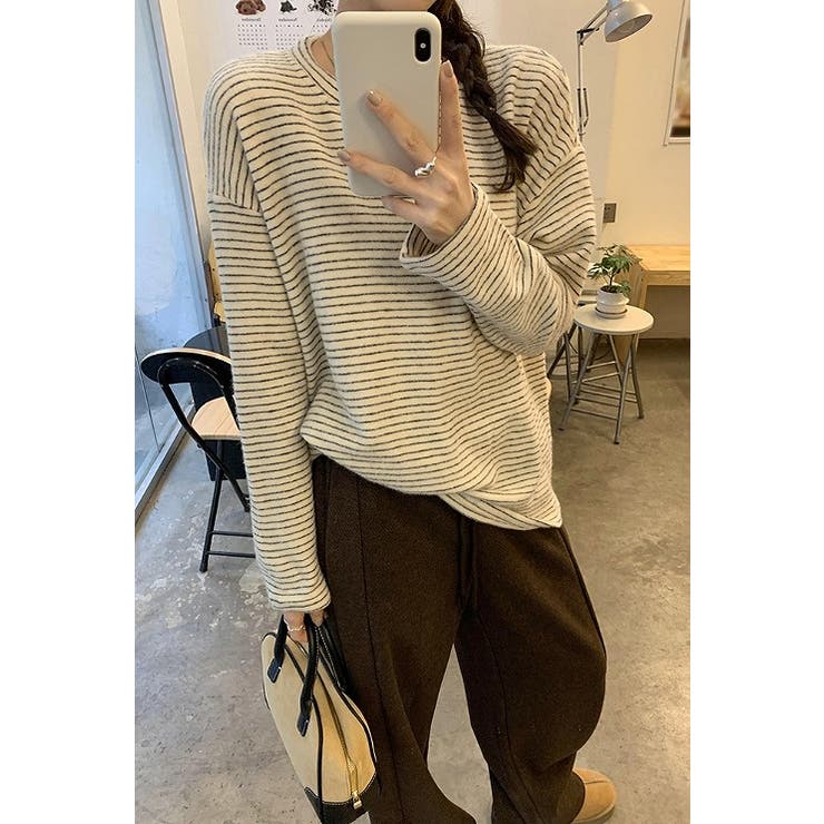 クルーネックドロップドショルダースリーブボーダートップス | Ulysses | 詳細画像1 