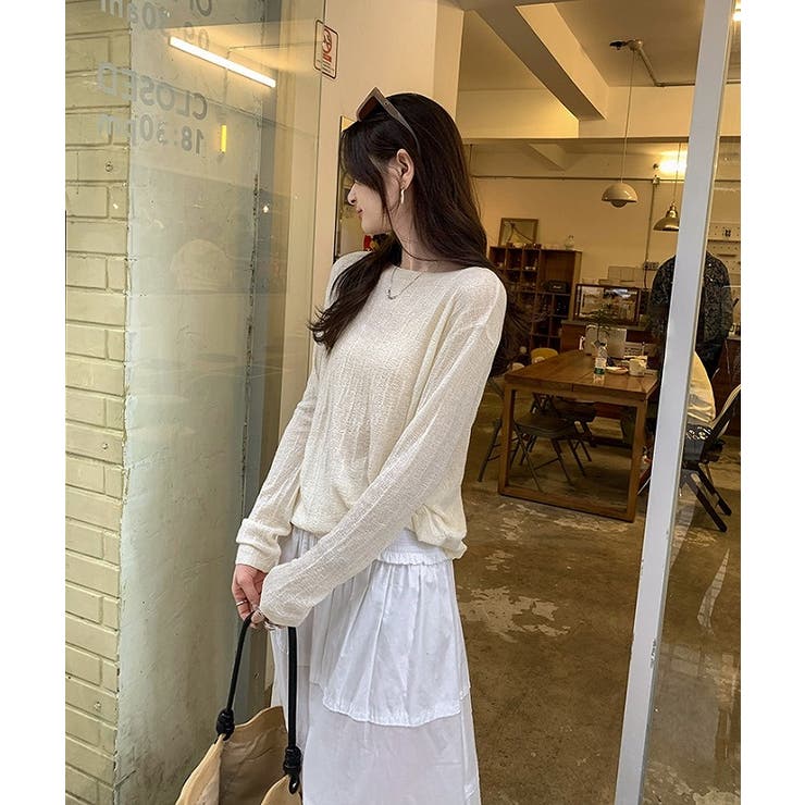 ボートネック長袖透ける無地トップス | Ulysses | 詳細画像1 