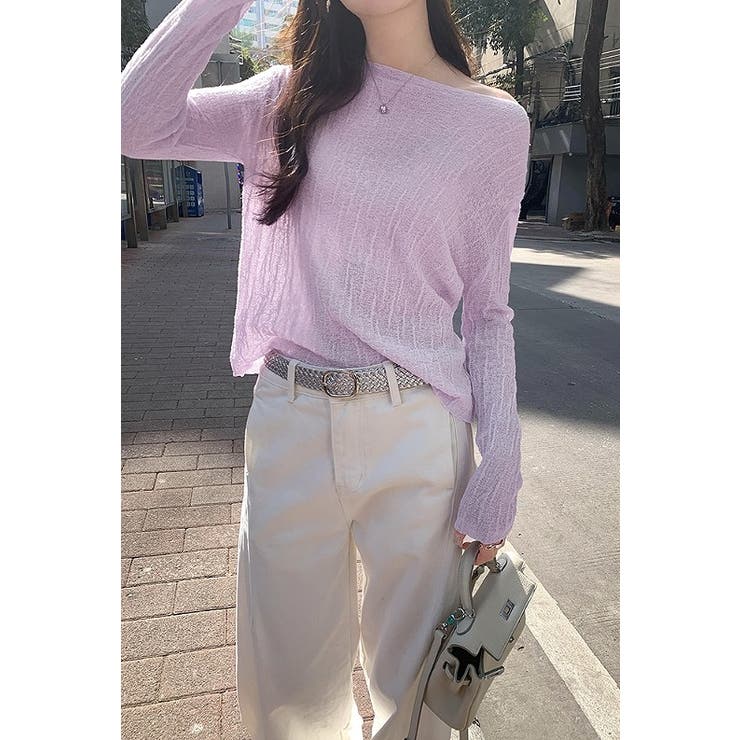 パープル | ボートネック長袖透ける無地トップス | Ulysses