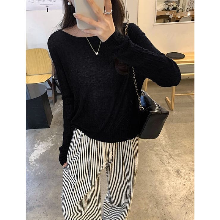 ブラック | ボートネック長袖透ける無地トップス | Ulysses