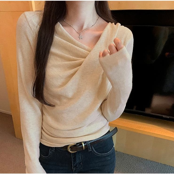ベージュ | デザインイレギュラー長袖無地トップス | Ulysses