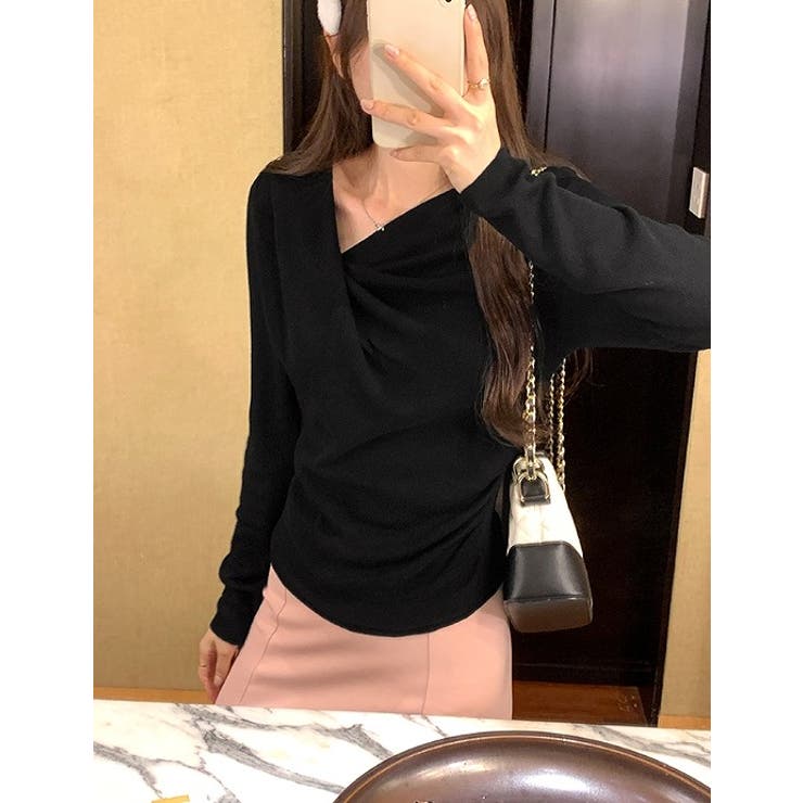 ブラック | デザインイレギュラー長袖無地トップス | Ulysses