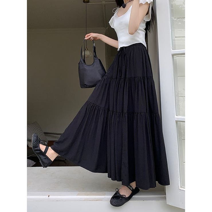 ブラック | ハイウエストひもがあるポケット付き無地スカート | Ulysses