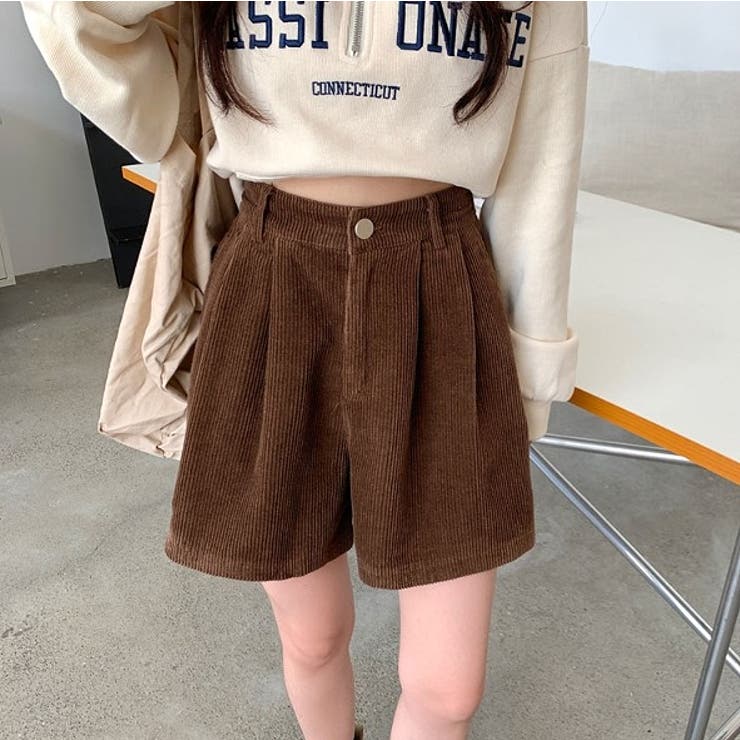 ダークブラウン | ハイウエストボタン付きポケット付きコーデュロイ無地ショートパンツ | Ulysses