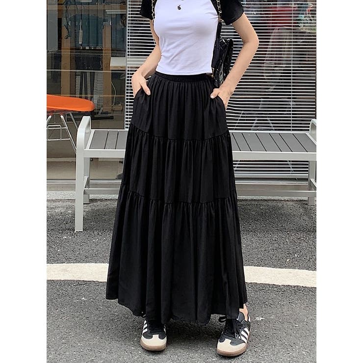 ブラック | ハイウエストひもがあるポケット付き無地スカート | Ulysses