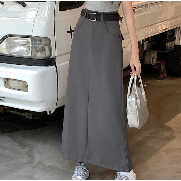 グレー | ハイウエストベルト付きポケット付き無地スカート | Ulysses