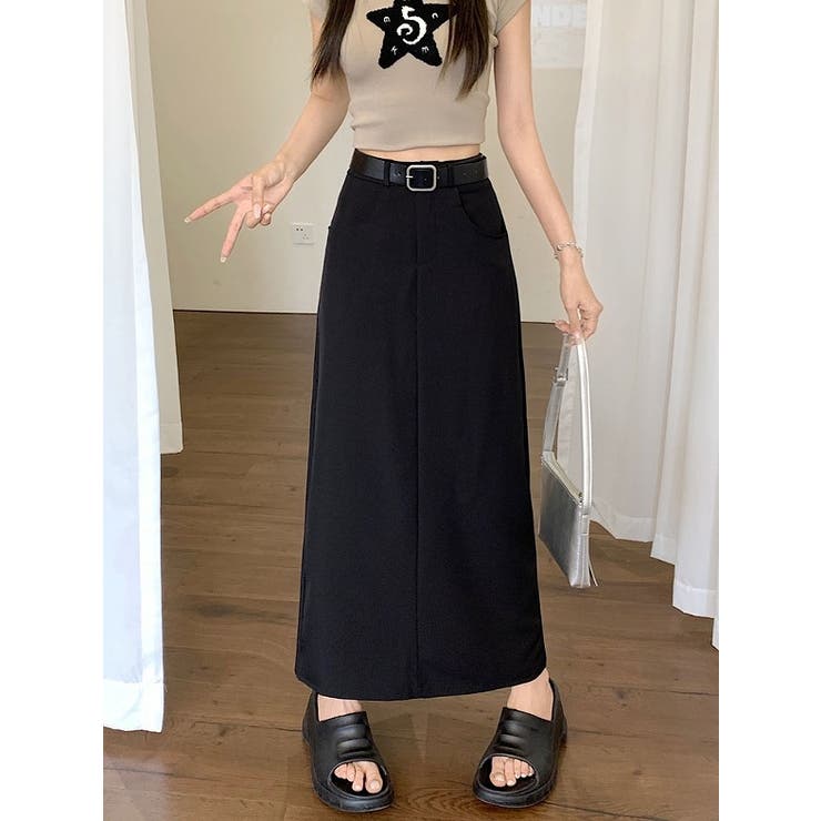 ブラック | ハイウエストベルト付きポケット付き無地スカート | Ulysses