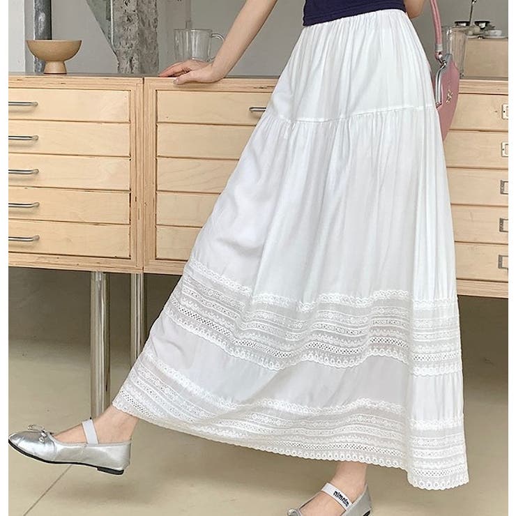 ホワイト | シンプルレースひもがある無地スカート | Ulysses