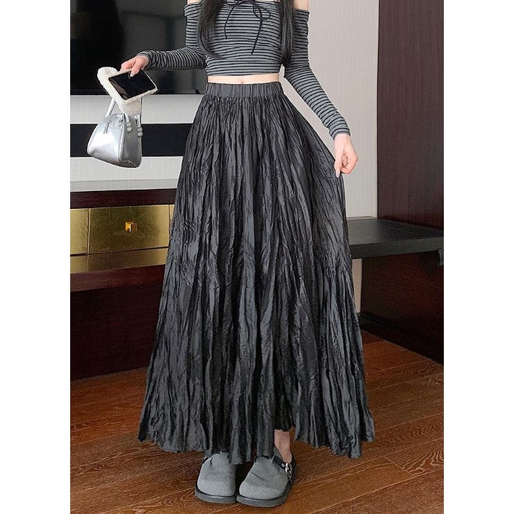 ブラック | ひもがある無地ロングスカート | Ulysses