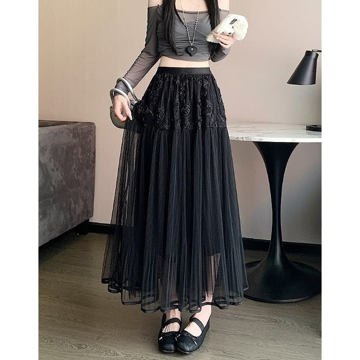 ブラック | ひもがあるチュール無地スカート | Ulysses