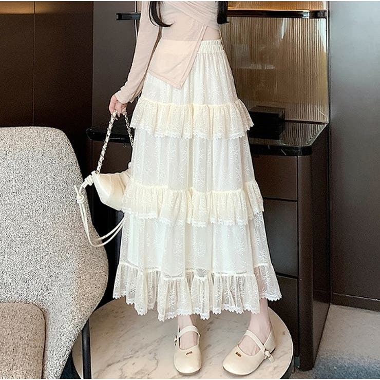 ベージュ | シンプルひもがあるフリル付きチュール無地スカート | Ulysses