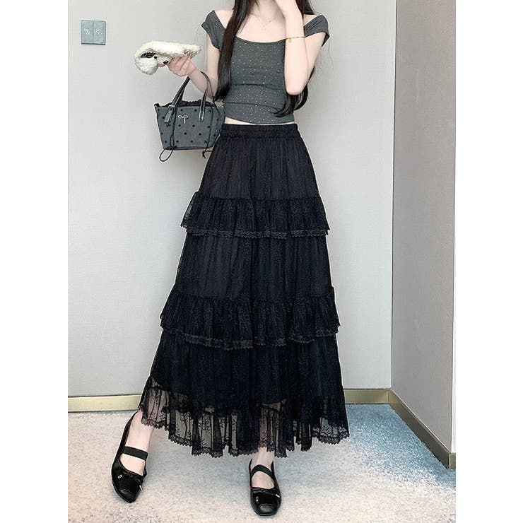 ブラック | シンプルひもがあるフリル付きチュール無地スカート | Ulysses