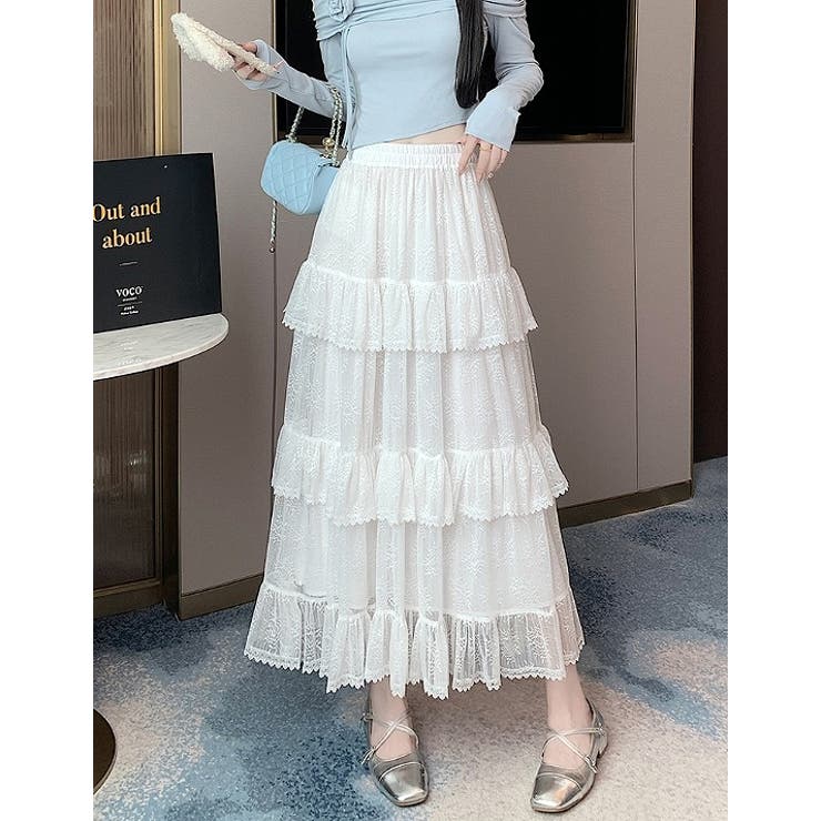 ホワイト | シンプルひもがあるフリル付きチュール無地スカート | Ulysses