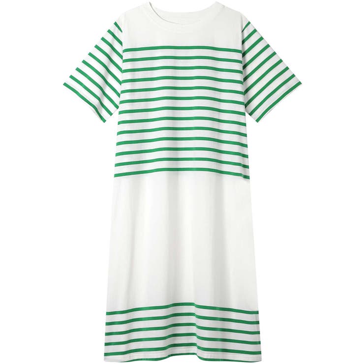 【綿100％】60ハイゲージ天竺パネルボーダー半袖ワンピース LP7500 | une nana cool | 詳細画像1 