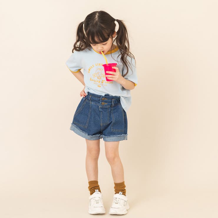 familiar デニム風ショートパンツ　キュロット　フリル　90㎝ 楽デニム ハイウエスト フリルショートパンツ[品番：VR000010095