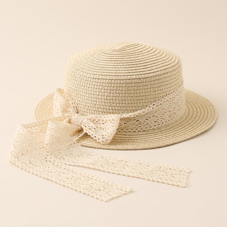 【Zimmermann】Lace Boater レースカンカン帽/リボン アイボリー 春新作 レースリボン付き 麦わら帽子[品番：JP000006535