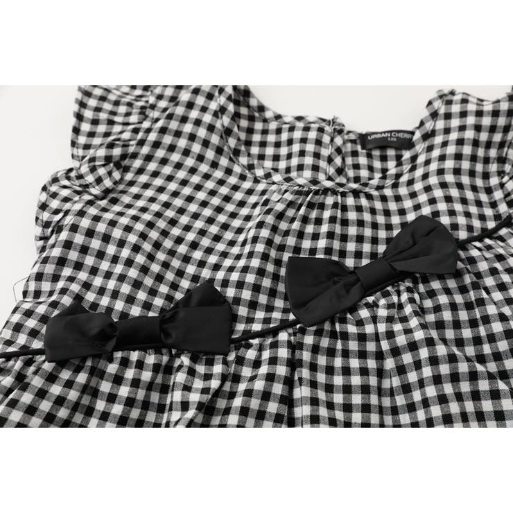 ショルダーフリルギンガムチェックリボンワンピース[品番：VINK0002521  