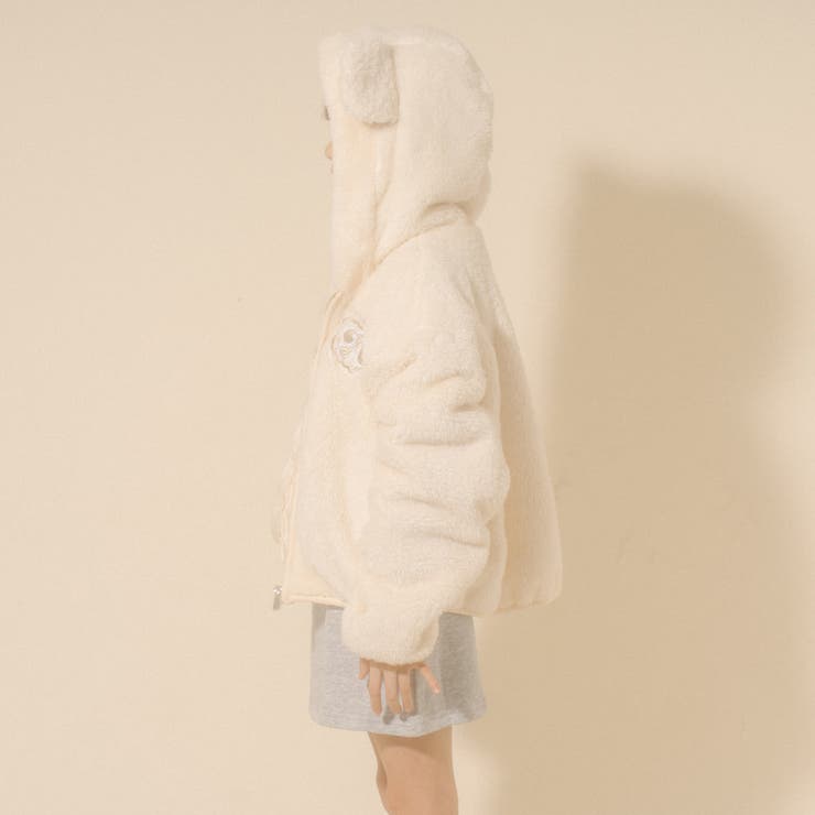 Mielボアシリーズ】ハート刺繍くま耳フード付きジップジャケット