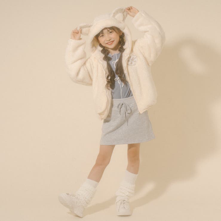 Mielボアシリーズ】ハート刺繍くま耳フード付きジップジャケット[品番