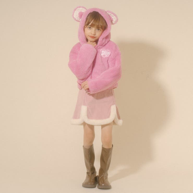 Mielボアシリーズ】ハート刺繍くま耳フード付きジップジャケット[品番