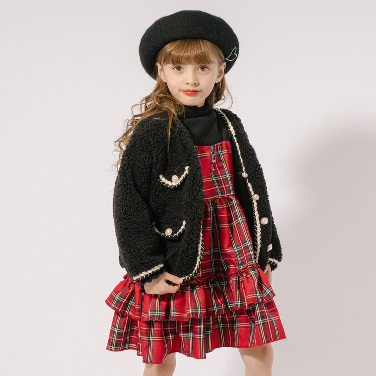 配色ツイードデザインノーカラーボアジャケット[品番：VINK0003103