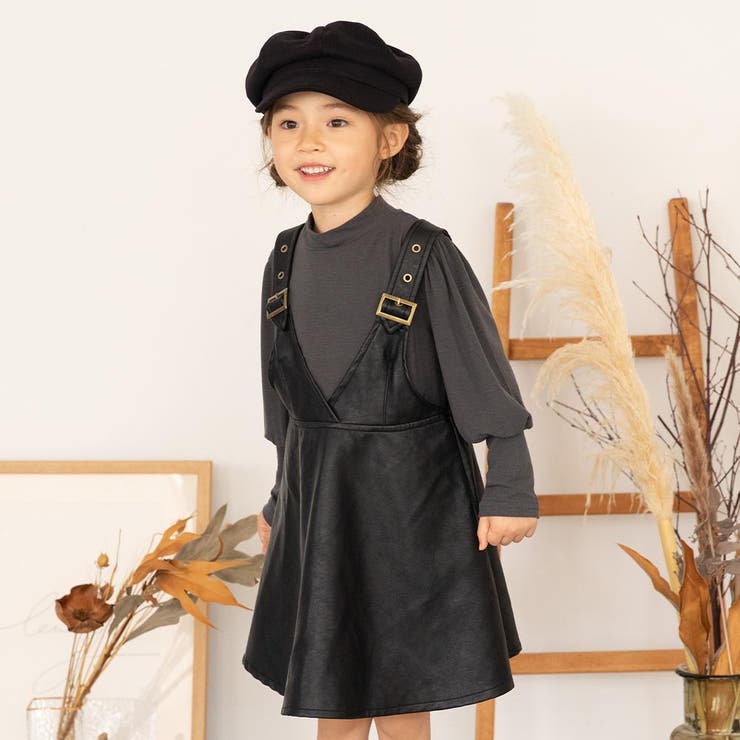 シンプルハイネックカットソー＋アジャスターデザインレザーワンピース