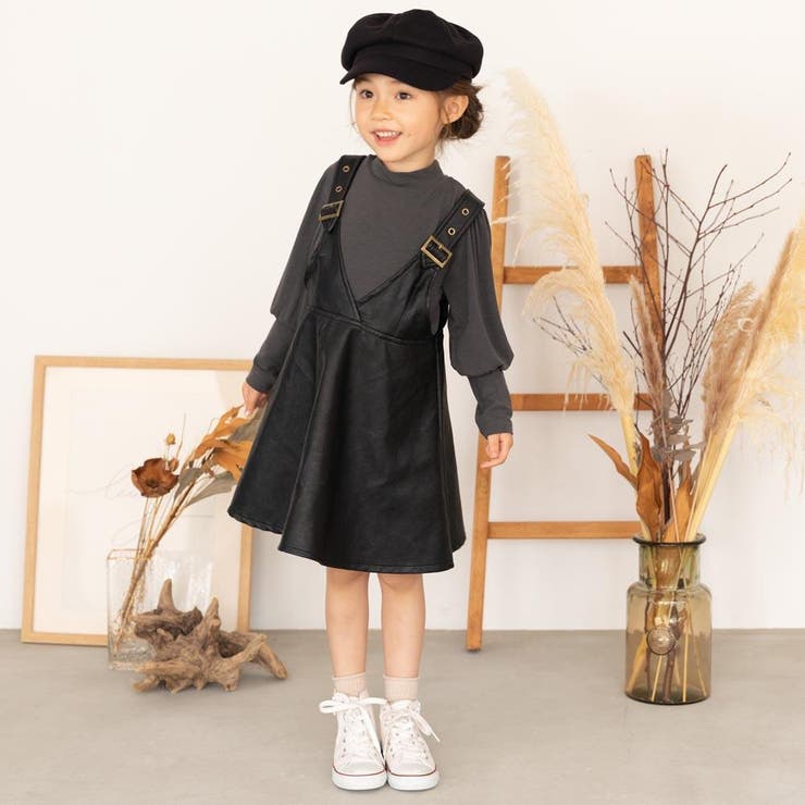 シンプルハイネックカットソー＋アジャスターデザインレザーワンピース