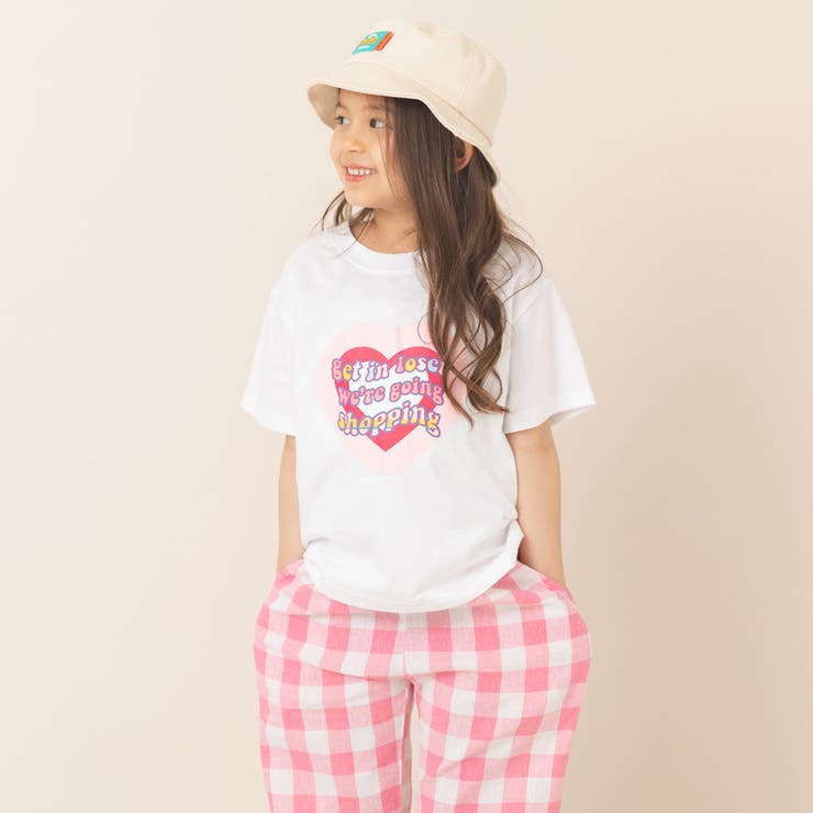 ハートロゴデザインTシャツ＋ギンガムチェックパンツセット[品番
