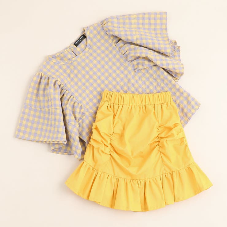 ギンガムチェックフリルブラウス＋フリルスカートセット[品番  