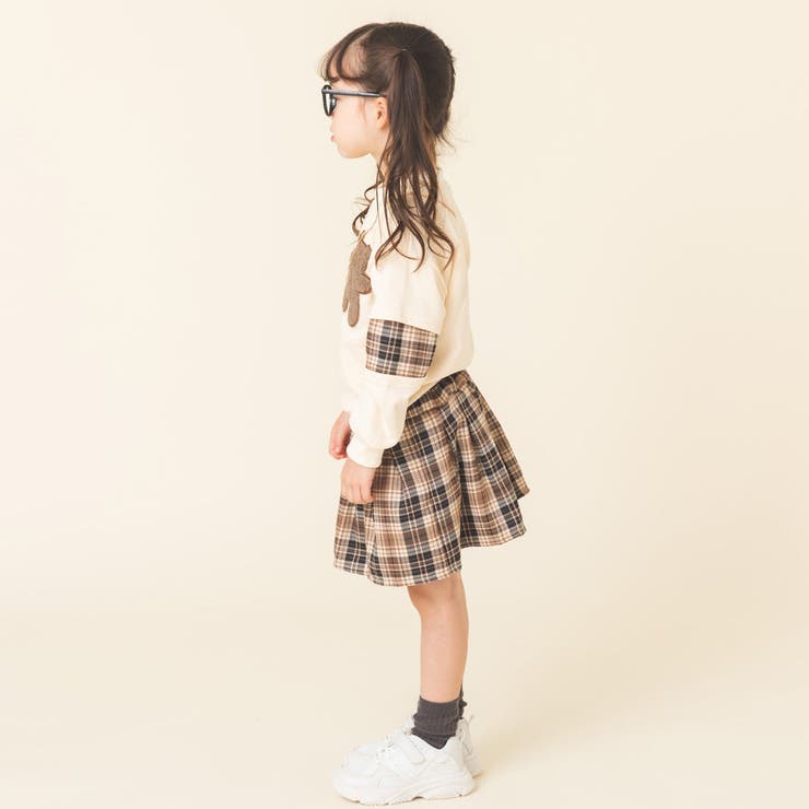 ベアモチーフチェックデザイン長袖Tシャツ＋チェックスカート[品番