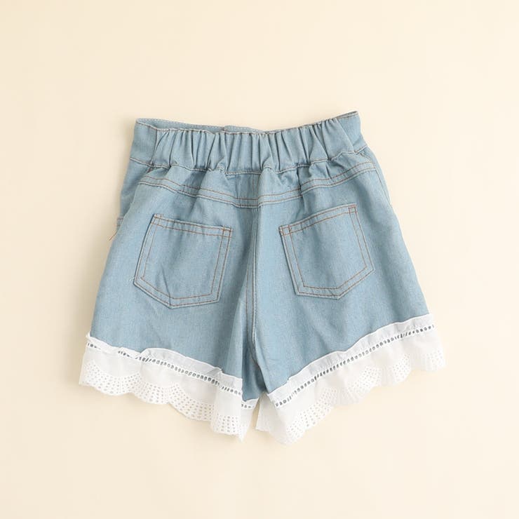 パフスリーブクロップドドットトップス+裾レースデニムパンツ[品番