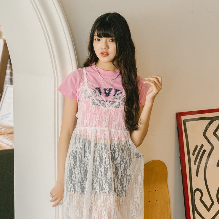 レースキャミワンピース+ロゴデザインちびTシャツ[品番
