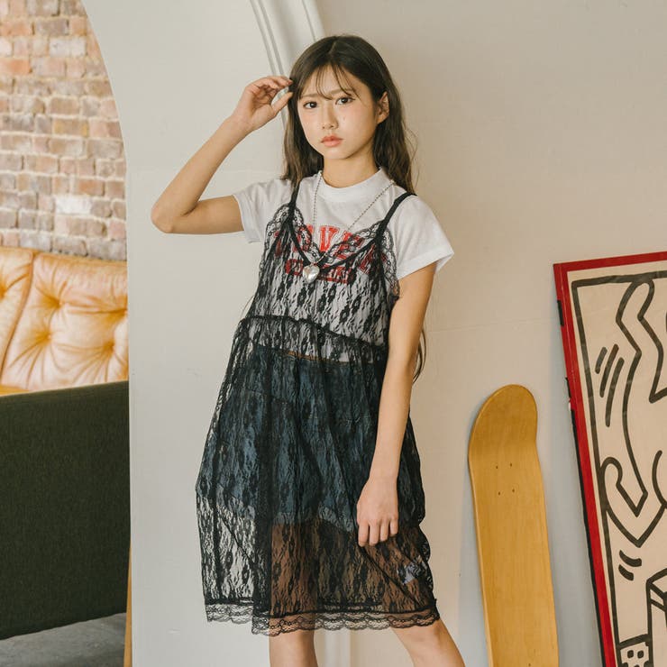 レースキャミワンピース+ロゴデザインちびTシャツ[品番