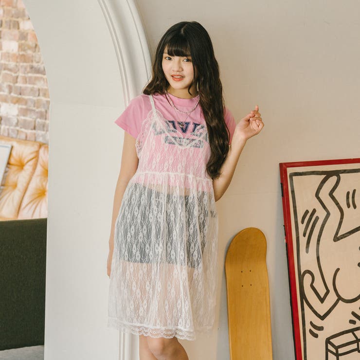 レースキャミワンピース+ロゴデザインちびTシャツ[品番