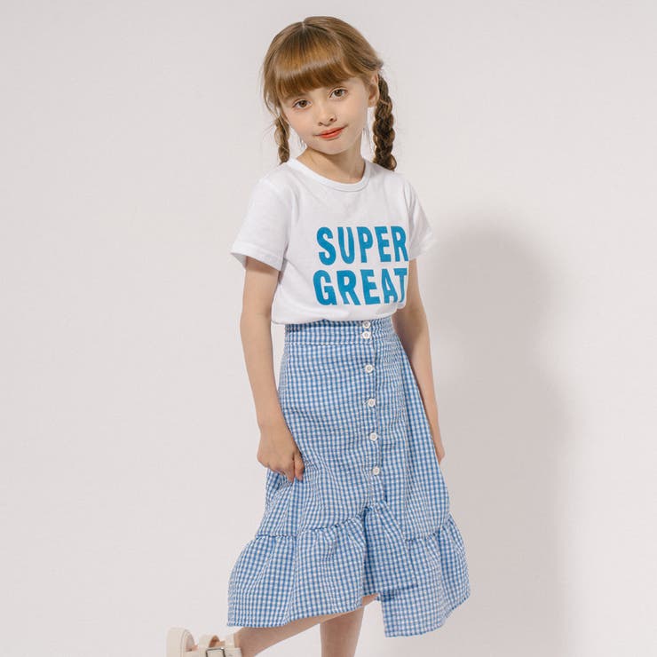 スーパービューティー 女の子プリント ギンガムチェック切り替え ロングTシャツ 大人気定番商品 スーパービューティー ギンガムチェック切り替え