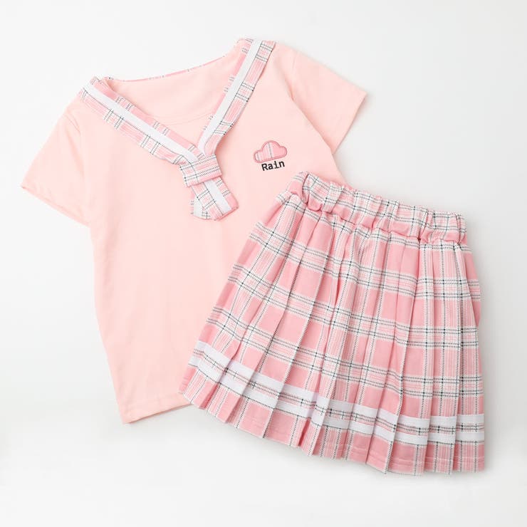 2点セット】チェックタイデザインTシャツ＋プリーツスカート[品番