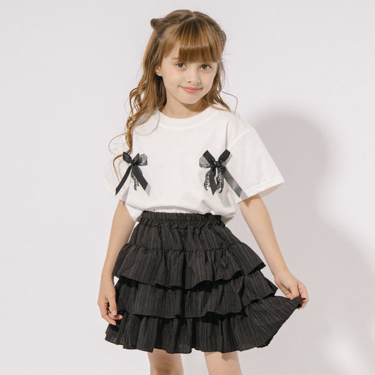 2点セット】レースリボンTシャツ＋ティアードスカート[品番