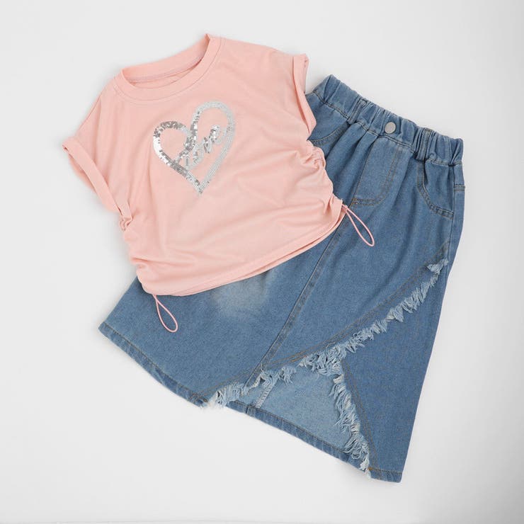 【2点セット】サイドギャザーハートTシャツ＋アシンメトリーダメージデニムスカート | URBAN CHERRY | 詳細画像2 