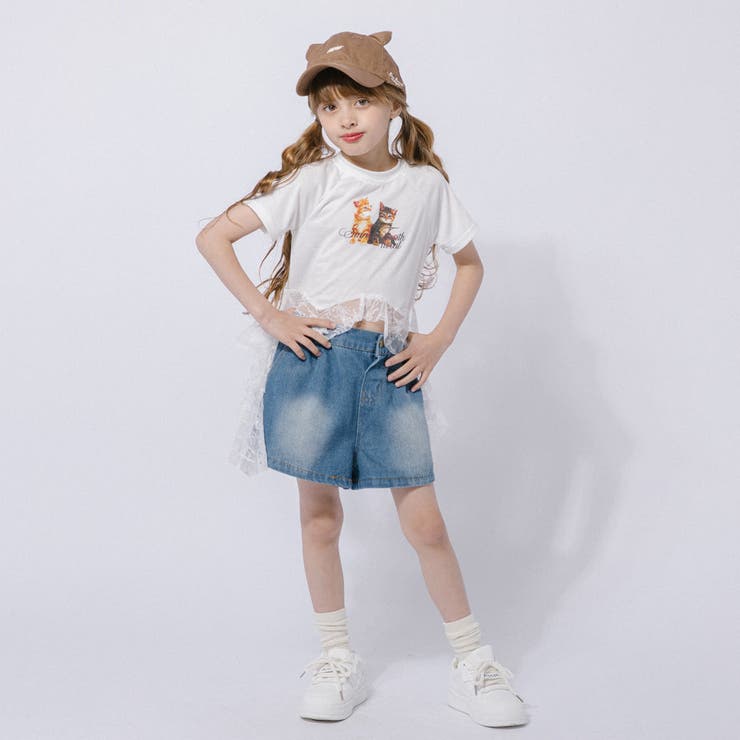 【2点セット】レースフリルドッキングキャットプリントTシャツ＋デニムショートパン… | URBAN CHERRY | 詳細画像15 