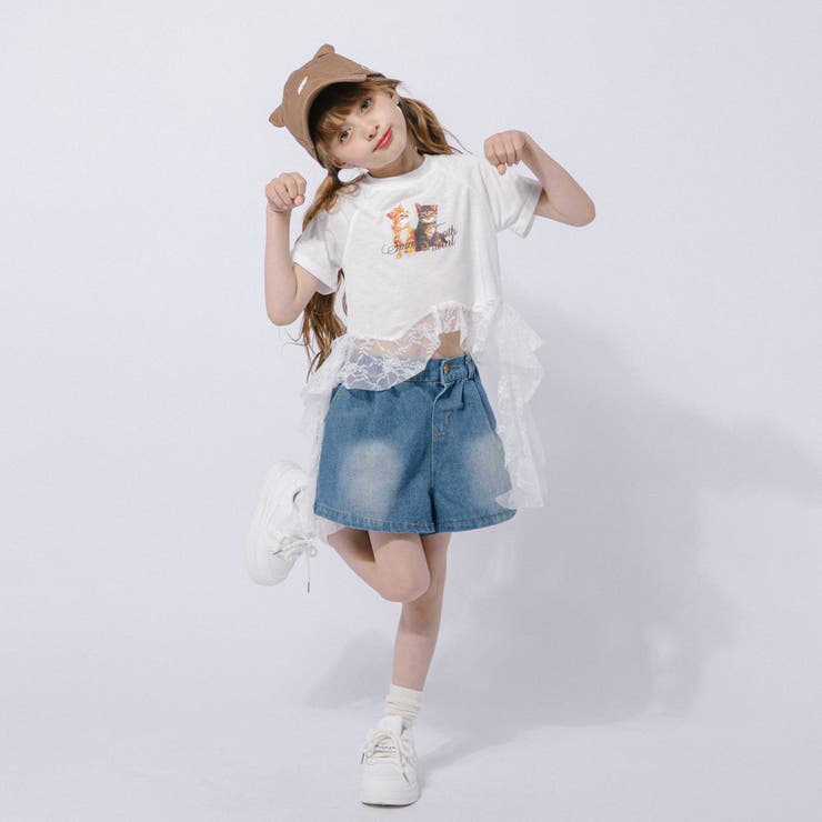 【2点セット】レースフリルドッキングキャットプリントTシャツ＋デニムショートパン… | URBAN CHERRY | 詳細画像16 