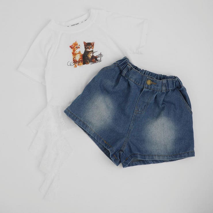 【2点セット】レースフリルドッキングキャットプリントTシャツ＋デニムショートパン… | URBAN CHERRY | 詳細画像2 