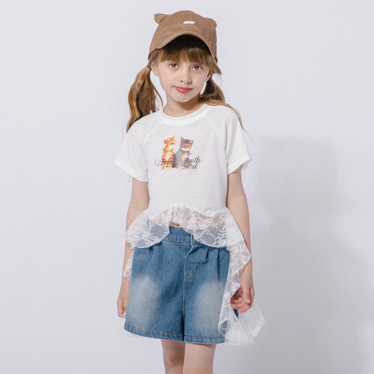 【2点セット】レースフリルドッキングキャットプリントTシャツ＋デニムショートパン… | URBAN CHERRY | 詳細画像33 