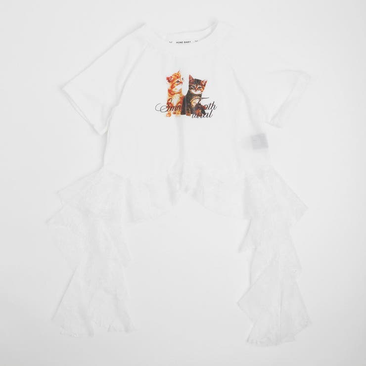 【2点セット】レースフリルドッキングキャットプリントTシャツ＋デニムショートパン… | URBAN CHERRY | 詳細画像4 