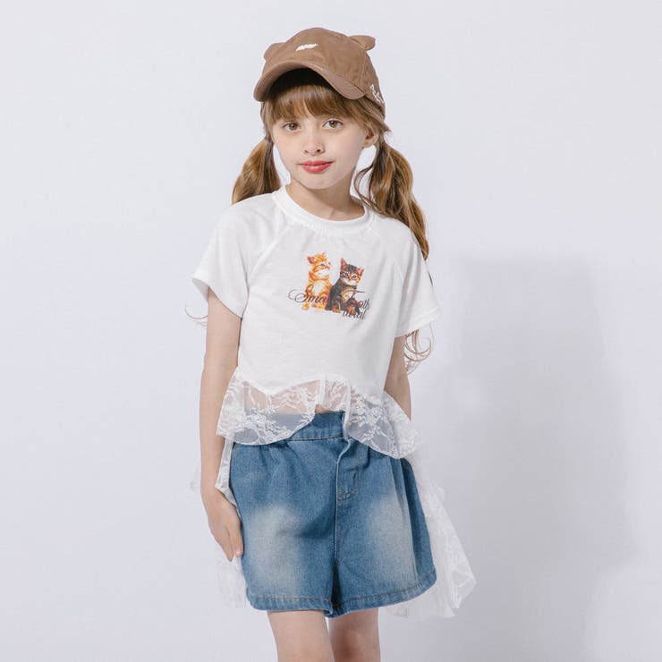【2点セット】レースフリルドッキングキャットプリントTシャツ＋デニムショートパン… | URBAN CHERRY | 詳細画像8 